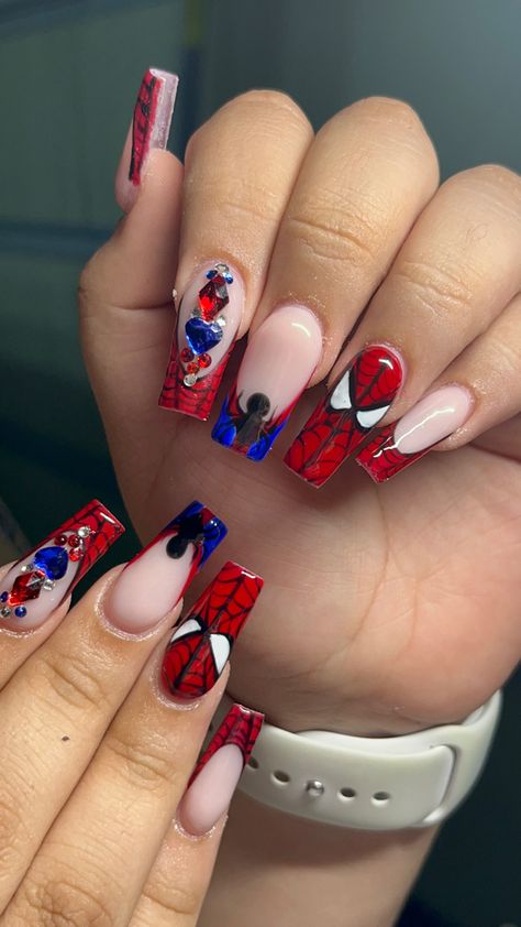 Nails Quinceanera, Cute Acrylic, Spiderman Nails, Spiderman Collection, Batman Nails, Fun Halloween Nails, Veil Updo, Nails Unique, All Spiderman