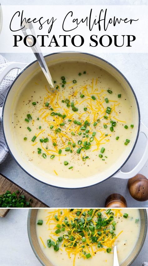 Incredibly creamy and cheesy, this cauliflower potato soup is going to become an instant dinner favorite! Pair it alongside thick slices of your favorite bread for dipping. Creamy Potato Cauliflower Soup, Zupas Cauliflower Soup, Frozen Cauliflower Soup, Cauliflower Potato Cheese Soup, Cauliflower Bisque Soup, Potato And Cauliflower Soup, Cauliflower And Potato Soup, Cauliflower And Potato Recipes, Roasted Cauliflower Potato Soup