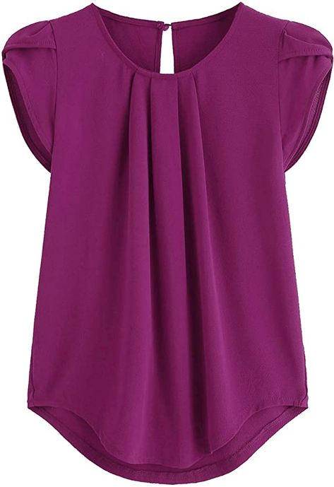 Amazon.com: Milumia Women's Casual Round Neck Basic Pleated Top Cap Sleeve Curved Keyhole Back Blouse Purple Small: Clothing Women Shirts Blouse Casual, Women Chiffon Blouse, Cardigan Outfit, Dressy Shirts, Womens Tops Dressy, Pleated Tops, Pleated Top, Round Neck Shirt, Trendy Blouses