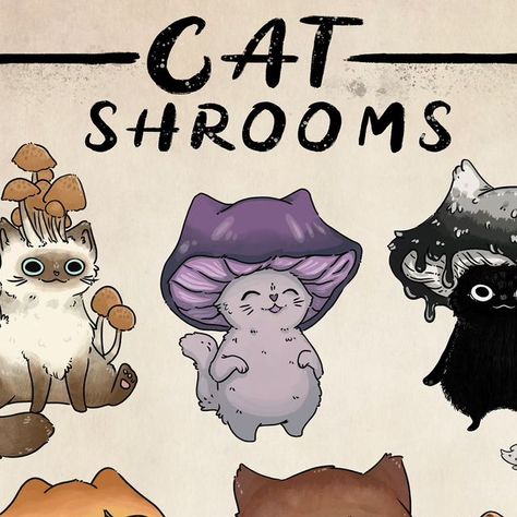 Cat Mushroom Tattoo, Mushroom Cat Drawing, Cat And Mushroom Drawing, Cat Mushroom, Cat And Mushroom Wallpaper, Cats With Mushrooms, Mushroom Cat Painting, Puffball Mushroom, Illustrators On Instagram