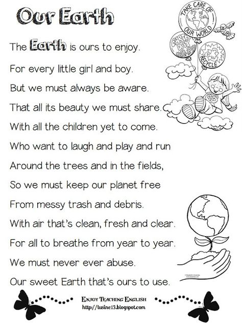 Enjoy Teaching English: EARTH DAY and RECYCLING (songs and a poem) Poems For Primary School, Poem On Education In English, English Elocution Poems, Earth Day Poems For Kids, Poem On Earth Day In English, Poem About Environment, English Recitation Poems For Class 1, Poem On Nature In English, Poem About Earth