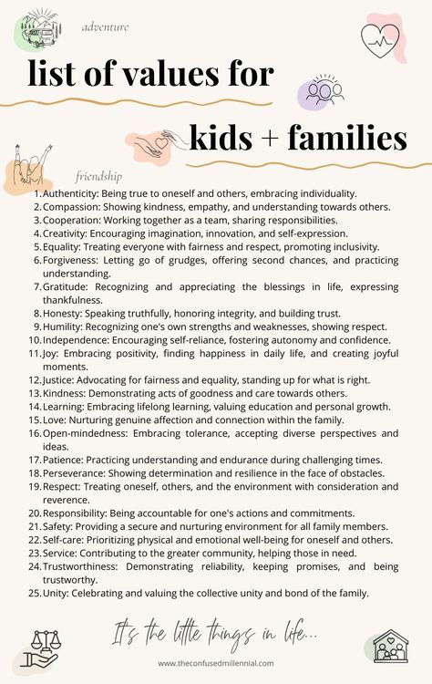 list of values in life for personal use, business brand, or kids morals, personal core values, honest and integrity, self actualization, mental and emotional health, emotional skills, improve mental health, mental wellness, journal writing prompts, self improvement tips, 365 jar, healing journal, life coaching tools, personal growth tips, self help and care, self improvement personal Teach Values To Kids, Family Morals And Values, Family Core Values, Good Qualities In A Person, Personal Values List, Core Values List, List Of Values, Values And Morals, Values In Life