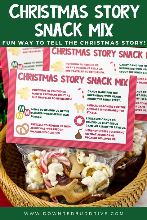 Christmas Snacks Bags, Christmas Treats To Make In The Classroom, A Christmas Story Movie Snacks, Christmas Truth Treats, Kids Christmas Story From Bible, Christmas Story Snack Mix For Kids, Advent Snacks For Kids, Primary Gifts For Kids Christmas, Christian School Christmas Party Ideas