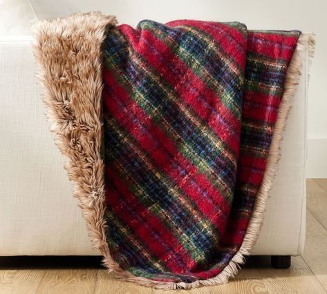 Stewart Plaid Faux Fur Back Throw | Pottery Barn (US) Blanket On Recliner, Stewart Plaid, Pottery Barn Bedding, Holiday Blankets, Herringbone Throw, Outdoor Cushion Covers, Plaid Throw, Seed Stitch, Thrown Pottery