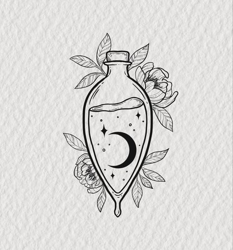 Potion botanical tattoo potion bottle design Lunar Witch, Wood Craft Patterns, Bottle Drawing, X Tattoo, Moon Water, Getting A Tattoo, Witch House, Flash Art, Illustration Artists