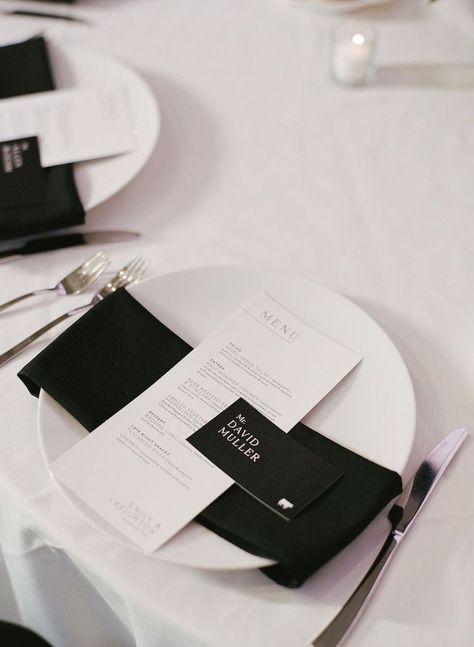 White Napkin Black Menu Wedding, Creative Wedding Menu Ideas, Black Napkins Wedding Place Settings, Black And White Wedding Place Settings, Black Napkins Wedding, White Wedding Table Setting, Stationary Wedding, Taupe Wedding, Barr Mansion