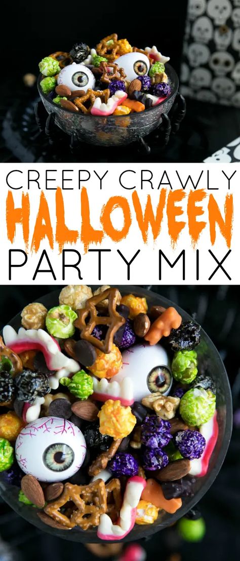 Halloween Monster Mash Party Mix - just 5 minutes to mix together. #halloween #snacks #party #holiday #entertaining Halloween Party Mix, Monster Mash Party, Halloween Potluck, Halloween Snack Mix, Fall Eats, Festive Appetizers, Mash Recipe, Fun Halloween Food, Halloween Food Treats