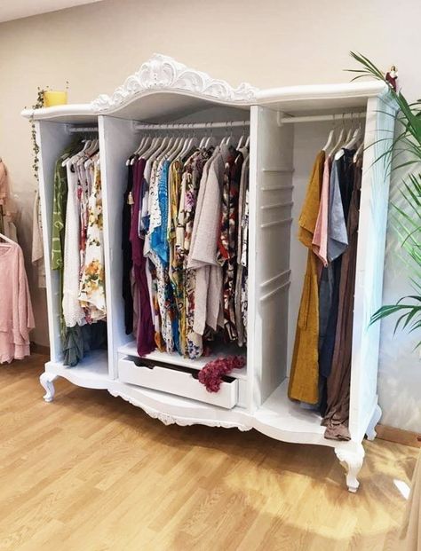 Chair In Closet, Repurposed Wardrobe, Vintage Dressing Room, Bedroom Turned Closet, Armoire Repurpose, Dream Closet Design, Boutique Decor, Diy Furniture Renovation, Boutique Interior