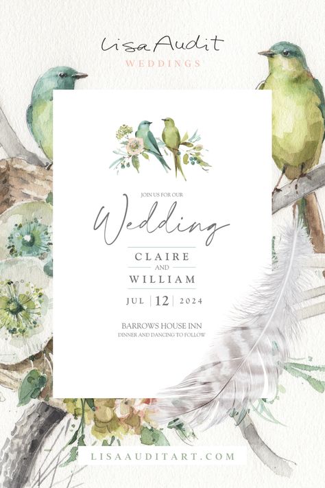 Watercolor wedding invitations featuring a sweet blue and green birds painted by artist, Lisa Audit. Personalize with your own date and information exclusively on Zazzle. - #lisaaudit #weddinginvitations #weddinginvites #weddinginspiration #bluiegreenwedding #watercolorwedding #wedding #celebrate #invitations Love Birds Watercolor, Watercolor Wedding Cards, Blue And Green Wedding, Wedding Invitations Template, Safe The Date, Bird Invitation, Wedding Invitation Watercolor, Blue Green Wedding, Watercolour Wedding Stationery