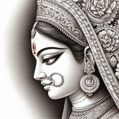 Durga Painting Pencil Sketch, Drawing Of Maa Durga, Durga Maa Pictures Drawing, Maa Durga Drawing Sketch, Devi Sketch, Durga Maa Sketch, Durga Drawing Art, Navaratri Images, Durga Drawing