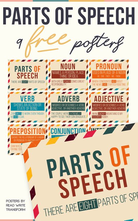 FREE 8 parts of speech posters in Vintage colors! Perfect for middle school grammar or high school grammar and they serve as great anchor charts. Parts of Speech Posters: noun, pronoun, verb, adjective, adverb, conjunction, interjection, preposition Parts Of Speech Posters Free, Grammar Posters Middle School, English Grammar Bulletin Boards, Free Grammar Posters, High School Grammar, 8 Parts Of Speech, Parts Of Speech Posters, High School Posters, Middle School Grammar