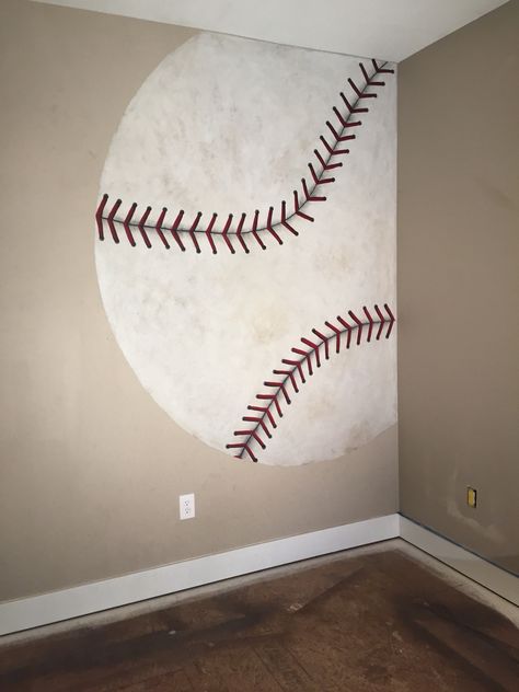 Baseball mural Baseball Mural, Baseball Themed Bedroom, Baseball Theme Room, Baseball Room Decor, Baseball Nursery, Baseball Bedroom, Baseball Wallpaper, Sport Bedroom, Baseball Room