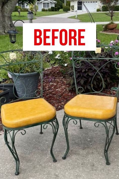 Wrought Iron Chairs Makeover, Reupholster Patio Chairs, Wrought Iron Chairs Outdoor, Wrought Iron Outdoor Furniture Makeover, Wrought Iron Patio Furniture Makeover, Metal Chair Makeover, Metal Kitchen Chairs, Patio Chairs Makeover, Old Metal Chairs