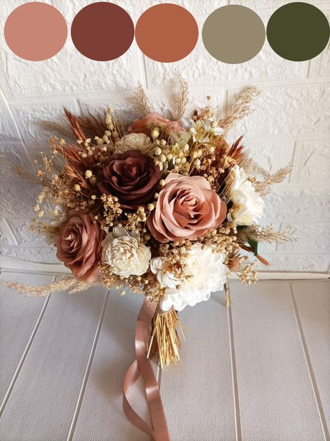 Cinnamon Rose Fall Wedding, Desert Rose And Gold Wedding, Desert Rose Fall Wedding, English Rose Wedding Theme, Desert Rose Wedding Bouquet, Rustic Wedding Theme Colors Colour Palettes, Fall Wedding Colors With Pink, Terracotta Pink Wedding, Dusty Rose And Tan Wedding