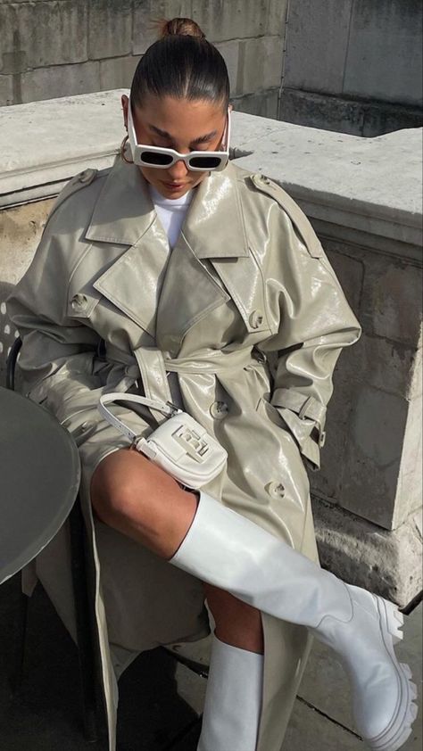 White Leather Trench Coat, White Leather Trench Coat Outfit, White Coat Outfit, Vinyl Trench Coat, Chair Poses, Leather Coat Outfit, Trench Outfit, Airplane Outfits, White Trench Coat