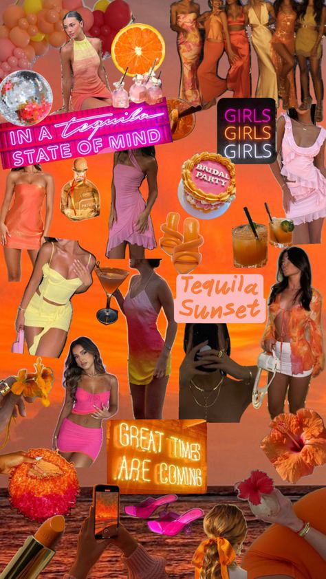 tequila sunset theme, tequila sunrise theme, bachelorette themes, bachelorette party inspo, bachelorette party outfits, bachelorette party decor, orange and pink aesthetic, sunset colors aesthetic Tequila Sunrise Theme, Sunset Colors Aesthetic, Orange And Pink Aesthetic, Tequilla Sunrise, Bachelorette Outfit Themes, Tequila Sunset, Sunset Theme, Hens Party Themes, Bachelorette Party Decor