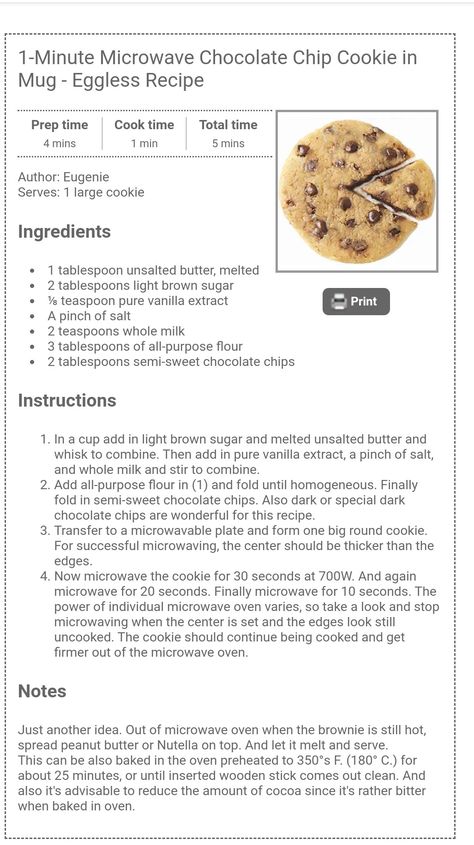 Microwave "single" chocolate chip cookie- eggless Cookie In A Mug Recipe No Egg, Eggless Mug Cookie, Eggless Cookie In A Mug, Eggless Microwave Cookie, Mug Cookie Recipe No Egg, 3am Snacks, Single Chocolate Chip Cookie Recipe, Cookies Recipes Microwave, Chocolate Chip Cookies Eggless