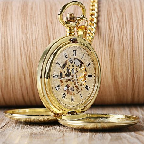 Vintage Smooth Mechanical Pocket Watch | Full Luxury Gold Silver | Skeleton watch Hunters Gold, Steampunk Pocket Watch, Groomsmen Gifts Personalized, Mechanical Pocket Watch, Skeleton Watches, Mechanical Hand, Fob Watch, Vintage Pocket Watch, Pendant Watches