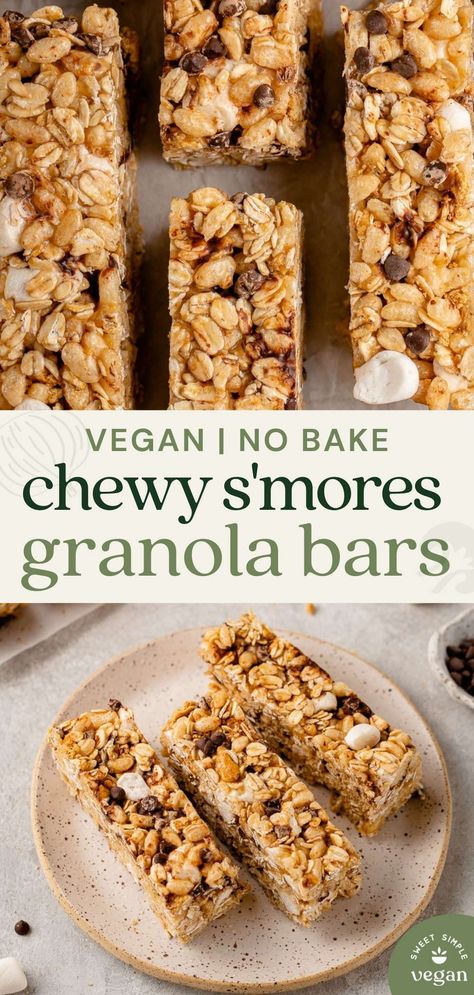 Learn how to make these vegan no-bake chewy s'mores bars. They're the perfect the perfect snack or dessert that will bring you back to your childhood. #vegan #backtoschool #dessert #chewy #quaker #granolabar #sweet #sweetsimplevegan #plantbased Vegan Granola Bars, Vegan Bars, S Mores Bars, Birth Recovery, Clean Breakfast, Cooking Tricks, Vegan Granola, Vegan Marshmallows, Vegan Snack Recipes