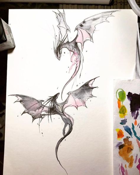 Watercolor Dragon Tattoo, Dragon Tattoo Sketch, Mystical Tattoos, Dragon Tattoo Art, Dragon Tattoo For Women, Fantasy Tattoos, Dragon Tattoo Designs, Book Tattoo, Dragon Drawing