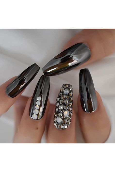 iMABC 3D Luxury Fake Nails Rhinestone Press On Nails Coffin Long Metallic Mirror Full Cover False Nails Tips Acrylic Nail Set 24pcs (Dark Silver) Nails Coffin Long, Press On Nails Coffin, Mirror Luxury, Nails Inspiration Spring, Acrylic Nail Set, Nails Tips, Nails Coffin, Rhinestone Nails, False Nails