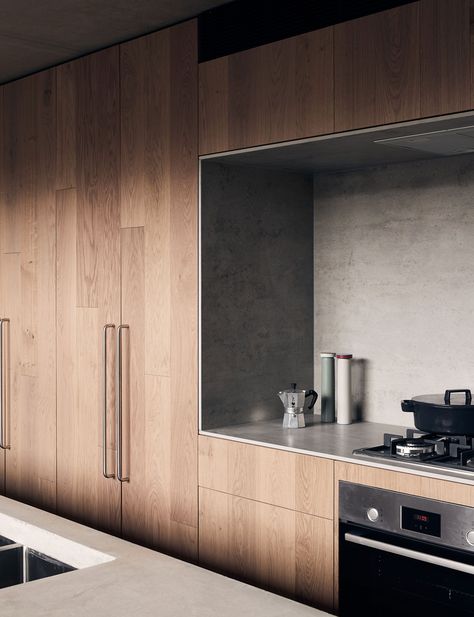 Brutalist Kitchen, Melbourne Apartment, 60s Home, Residence Design, Small Stove, Concrete Staircase, Clifton Hill, Timber Walls, Concrete Stairs