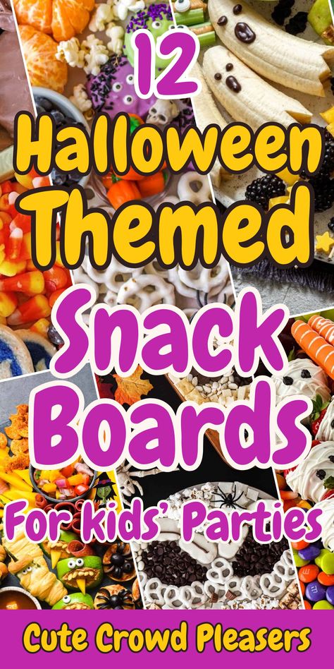 halloween themed snacks on snack boards for kids party with text overlay: 12 Halloween Themed Snack Boards For Kids Party. Cute Crowd Pleasers Halloween Themed Snacks For Toddlers, Halloween Snacks For Party Healthy, Halloween Movie Snacks For Kids, Kid Halloween Party Snacks, Halloween Movie Night Food For Kids, Kids Halloween Snack Board, Healthy Halloween Party Food For Kids, Halloween Movie Snack Ideas, Family Halloween Party Food