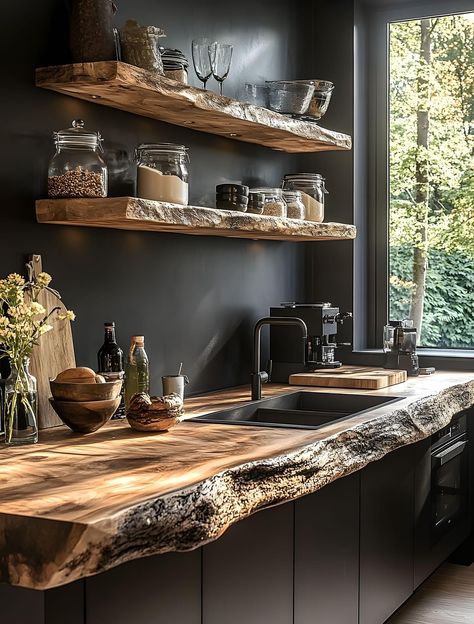 Black Home Interior, Live Edge Countertop, Forest Kitchen, Kitchen Concept, Elegant Kitchen Design, Rustic Modern Kitchen, Kitchen Concepts, Future Home, Wood Countertops