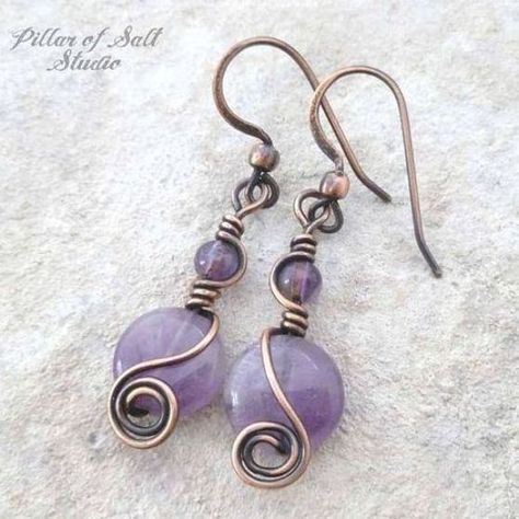 Copper Wire Earrings, Wire Wrapped Stone Jewelry, Wire Wrap Jewelry Designs, Wire Wrapped Jewelry Diy, Copper Jewelry Handmade, Bijoux Fil Aluminium, Wire Jewelry Designs, Wrapped Earrings, Wire Wrapping Stones