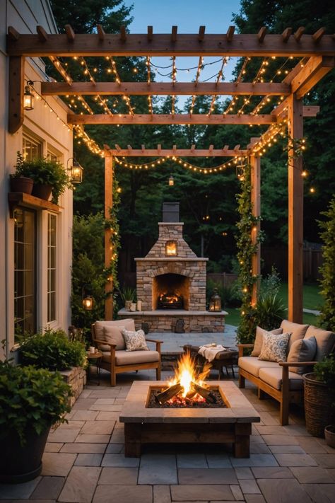 20 Super Cozy Outdoor Fireplaces For Your Backyard - Toolz Geek Outdoor Fireplace With Pergola, Outdoor Covered Patio With Fireplace, Gazebo Fireplace, Backyard Fire Pit Ideas Lounge Areas, Outdoor Patio With Fireplace, Outdoor Reading Area, Backyard Fireplace Patio, Screened In Porch With Fireplace, Outdoor Wood Burning Stove