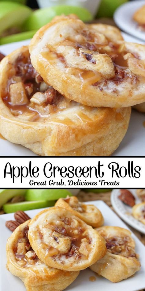 A double photo collage of apple crescent rolls on a white plate. Loaded Crescent Rolls, Green Apple Dessert Recipes, Apple Recipe With Crescent Rolls, Cresent Roll Apple Dumplings, Apple Crescent Roll Dessert, Crescent Roll Apple Turnovers, Cresent Roll Dough, Green Apple Recipes, Apple Crescent