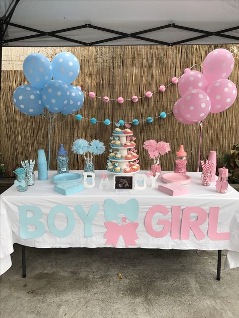 Small And Simple Gender Reveal, Simple Gender Reveal Dessert Table, Gender Reveal Main Table Ideas, Gender Reveal Ideas Diy Simple, Table Decorations Gender Reveal, Outdoor Gender Reveal Ideas Decoration, Gender Reveal Table Set Up Outside, Gender Reveal Backdrop Ideas Diy, Simple Gender Reveal Decorations Outdoor