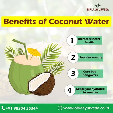 Coconut water is a treasured summer drink to combat the heat. Everyone relishes fresh coconut water in the warm summer months. It helps you fight the scorching summer heat and keeps you energised throughout the day. Also visit our Website: birlaayurveda.co.in Call us on 098204 35344 #birlaayurveda #coconut #coconutbenefits #heart #hangover #immunity #summer #healthtips #facts #massagetherapy #blacayurvedalife #Ayurveda #health #ayurvedaeveryday Coconut Water Benefits Skin, How To Make Coconut Water Taste Better, Colon Hydrotherapy, Hangover Headache, Benefit Of Coconut Water, Fresh Coconut Water, Sunburn Peeling, Organic Coconut Water, Coconut Water Benefits