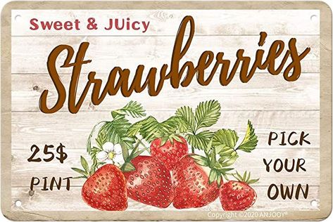 ANJOOY Sweet Juicy Strawberries Pick Your Own - Tin Sign Vintage Metal Funny Wall Art Decorations for Kitchen Home Fruit Market Farm Restaurants Dessert Shop Farmhouses(8"x12") Decorations For Kitchen, Metal Funny, Beer Decorations, Farm Restaurant, Strawberry Leaves, Fruit Market, Rustic Metal Wall Art, Strawberry Picking, Funny Wall Art