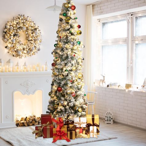 Decorating in small space made easy. 7d24hcare 7.5ft Pre-Lit Pencil Snow Flocked Christmas Tree, Artificial Slim Christmas Tree W/Metal Hinges & Base for Home Shops Office Holiday Decoration. #SkinnyTree #ChristmasTree #ChristmasDecor Light Bulb Plant, Snow Flocked Christmas Tree, Christmas Tree Artificial, White Fir, Flocked Christmas Tree, Slim Christmas Tree, Tree Artificial, Pencil Trees, Snow Flock