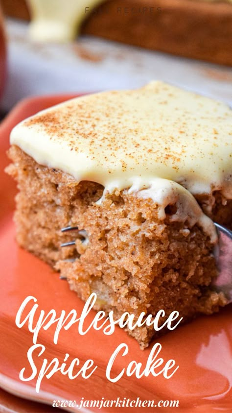 Slice of applesauce spice cake with cream cheese glaze Apple Sauce Baked Goods, Apple Spice Cake Bars, Apple Cake Topping, Apple Sauce Uses, Cooking With Applesauce, Spice Dessert Recipes, Pumpkin Applesauce Cake, Apple Sauce Baking Recipes, Apple Sauce Dessert Recipes