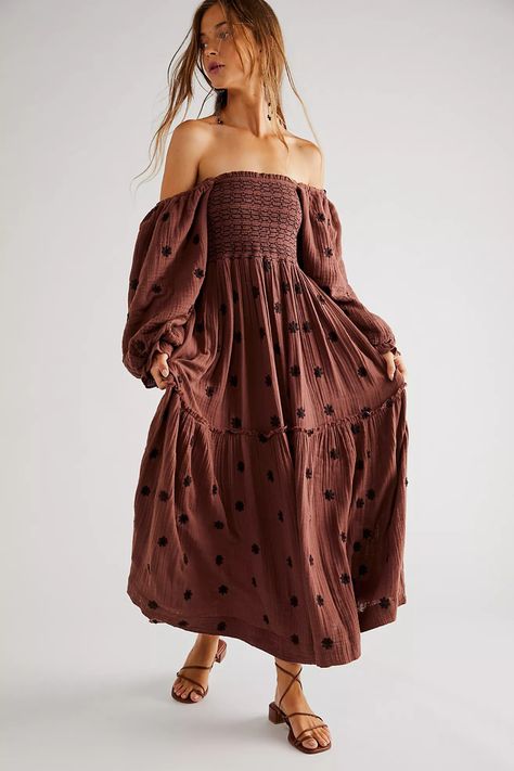 Dahlia Embroidered Maxi Dress | Free People Flowy Bohemian Dresses, Flowy Dress Long, Boho Floral Maxi Dress, Long Dresses Elegant, Gaun Fashion, Tiered Ruffle Dress, Embroidered Maxi Dress, Puff Long Sleeves, Long Dress Casual