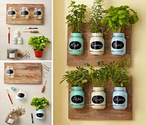 Indoor Herb Garden Window, Apartment Herb Gardens, Jar Herb Garden, Mason Jar Garden, Herb Garden Ideas, Mason Jar Herbs, Mason Jar Herb Garden, Small Herb Gardens, Diy Herb Garden