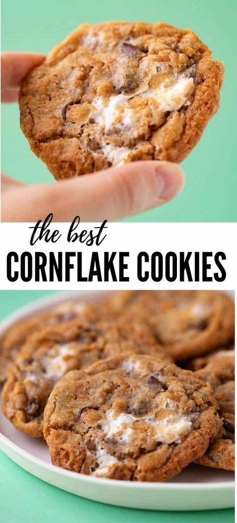 Chewy Cornflake Marshmallow Cookies Marshmallow Cornflake Cookies, Baking With Cornflakes, Cornflake Marshmallow Treats, Cornflake Dessert, Cornflake Marshmallow Cookies, Corn Flake Cookies, Recipes Using Marshmallows, Recipe With Marshmallows, Cookies With Marshmallows