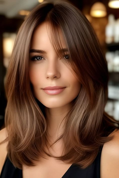 Light Chestnut Brown Light Medium Brown Hair Color, Chestnut Hair Blue Eyes, Brown Hair Colors Shoulder Length, Light Brown Hair Chestnut, One Color Light Brown Hair, Chestnut Hair Color Light, Chestnut Brown Hair Medium Length, Haircut For Light Hair, Medium Haircut With Long Layers