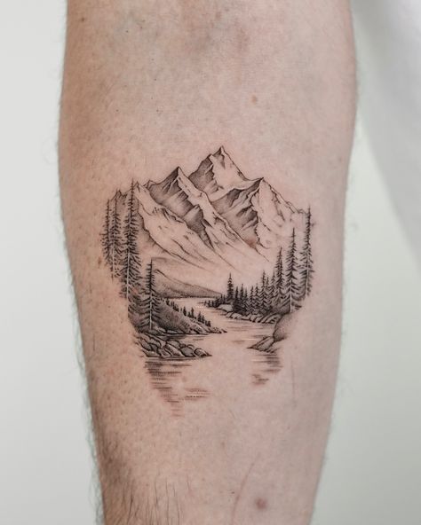 ⛰️ Mountain, River, Forest for Tom. Thank you for your trust and sharing your stories with me. Created at @exp.haus . . . . . #microrealismtattoo #finelinetattoo #londontattoo #londonfinelinetattoo #realistictattoo #tattooidea #londontattoostudio #moutaintattoo #foresttattoo #rivertattoo #mountain Mountain And Stream Tattoo, Half Sleeve Tattoos For Women Upper Arm Mountains, Valley And Mountain Tattoo, Mountain Background Tattoo, Detailed Mountain Tattoo, Mountain Tattoo On Forearm, Mountain Half Sleeve Tattoo Women, Outdoor Scene Tattoo, Girly Mountain Tattoo