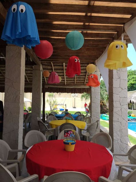 PacMan Party Birthday Party Ideas | Photo 14 of 17 | Catch My Party Birthday Party Surprise, Manly Party Decorations, Pac Man Party, 80s Party Decorations, 80s Birthday Parties, Video Games Birthday Party, 80s Theme Party, 80s Theme, Video Game Party