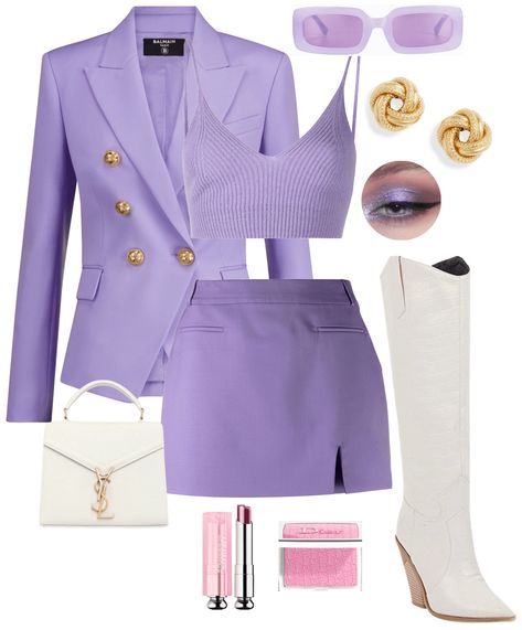 Pretty Purple Outfits, Purple Formal Outfit, Gold Outfit Aesthetic, Purple And Gold Outfit, Lilac Eye Makeup, Flamboyant Style, Outfit Ideas For Work, Lilac Eye, Outfits Purple