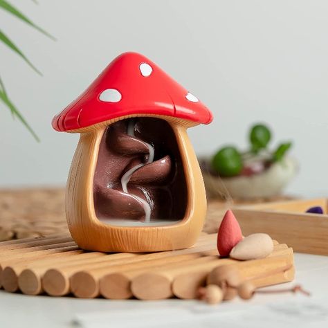 Cute Mushroom Incense Holder with 60 Incense Cones, Handmade Waterfall Backflow Nature Theme Incense Burner, Adorable Home Decoration, Cottagecore Decor Accessories #cottagecoredecor #homedecor #incensedecor #roomdecor Mushroom Incense Holder, Adorable Home, Cute Umbrellas, Backflow Incense Burner, Ceramic Incense Holder, Backflow Incense, Cute Mushroom, Clay Diy Projects, Tanah Liat