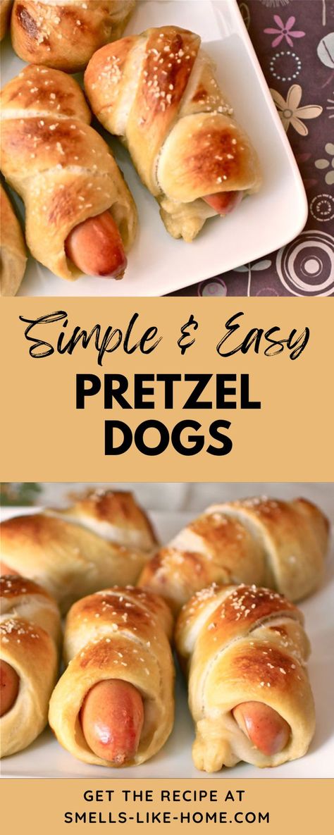 These Simple & Easy Pretzel Dogs are a cinch to make! Don’t shy away from this recipe if you fear yeast – pretzel dough is SO much easier to make than bread or bagel dough! You’ll toss all of the ingredients in a mixing bowl, let the mixer do the kneading for a few minutes, let the dough rise for about an hour, and then cut the dough and wrap the pieces around the hot dogs. As far as dough goes, it’s that simple! Pretzel Dogs Recipe, Pretzel Dogs, Pretzel Dough, Best Lunch Recipes, Hearty Comfort Food, Quick Appetizers, Savory Appetizer, Easy Appetizer Recipes, Dog Recipes