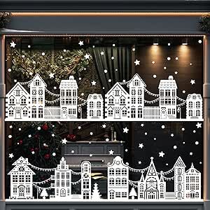 Vellibring 72" Christmas Window Clings，Winter Window Decals White Simple Style Reusable Non Adhesive Street Scene Border Stickers for Home Cafe Window Shopping Mall Glass Door Christmas Decor Storefront Holiday Windows, White Christmas Window Decor, White Marker Window Christmas, Glass Door Christmas Decor, Winter Window Display Store Fronts, Christmas Village Window Display, Christmas Store Windows, Gingerbread House Windows, Winter Window Decorations