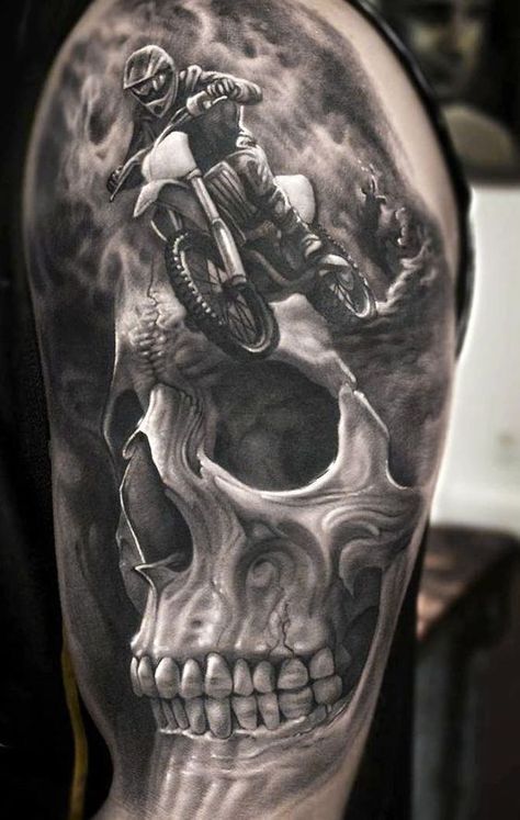 Motocross Tattoo, Dirt Bike Tattoo, Tattoo Ribs, Bike Tattoo, Black Skull Tattoo, Skull Hand Tattoo, Bicycle Tattoo, Full Tattoo, Motorcycle Tattoos