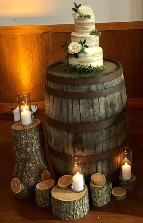 Bring the cake and candles. We've got your barrel, stumps and slices. Styling and photo by Kristin Zupancic, Always Eventful Planning. Cake by 4 Rivers Smokehouse, Gainesville Whiskey Barrel Dessert Table, Whiskey Barrel Cake Table, Barrel Decor Wedding, Barrel Wedding Cake Table, Barrel Cake Table, Rustic Wedding Cake Table, Barrel Wedding Cake, Whiskey Barrel Cake, 30th Anniversary Decorations