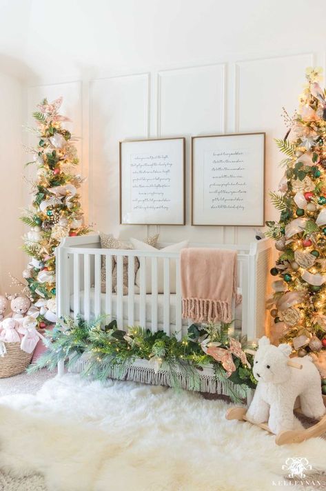 Baby Nursery Christmas Trees Flanking the Crib with nursery artwork hung about the crib. Love the Christmas decor in the nursery including colorful Christmas ornaments, green Christmas trees, green garland, and gender neutral nursery art. #christmasdecor #nurseryart #nurserydecor #holidaydecorating #christmastree Christmas Tree Colour Scheme, Nursery Christmas, Gender Neutral Nursery Art, Christmas Tree Forest, Neutral Nursery Art, Whimsical Bedroom, Gender Neutral Nursery Decor, Plaid Christmas Decor, Nursery Artwork