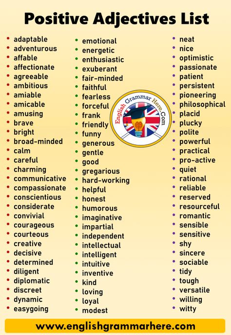 +100 Positive Adjectives List in English, Good adjectives; adaptable adventurous affable affectionate agreeable ambitious amiable amicable amusing brave bright broad-minded Degrees Of Adjectives, Irregular Adjectives, Compound Adjectives, Demonstrative Adjectives, Opposite Adjectives, Comparative Superlative, Comparative And Superlative Adjectives, Descriptive Adjectives, Personality Adjectives